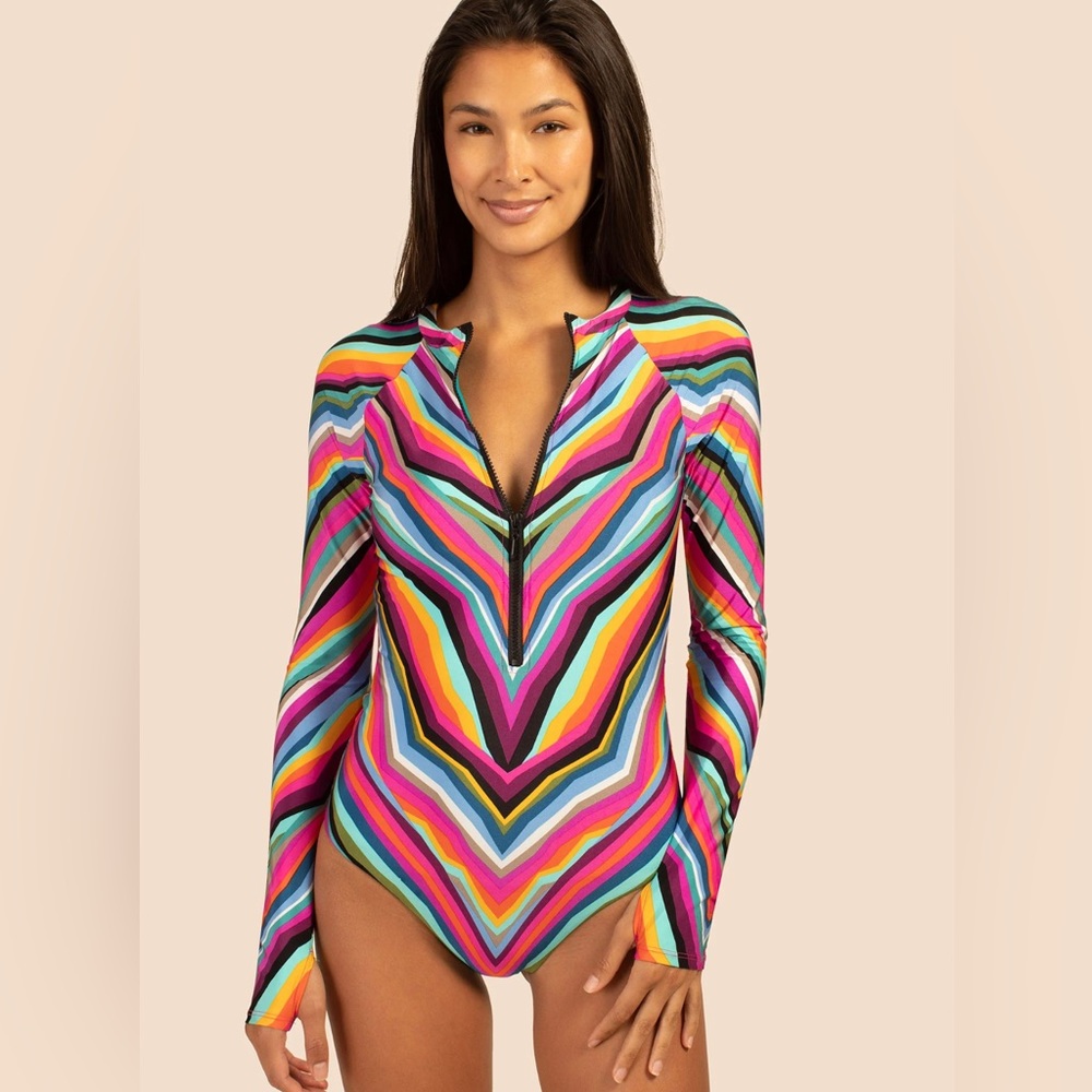 NWT Trina Turk Multicolor Long Sleeve One Piece Swimsuit rash, guard size large